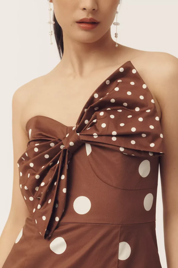 RamonValy Mocha Dot Bow Strapless Dress