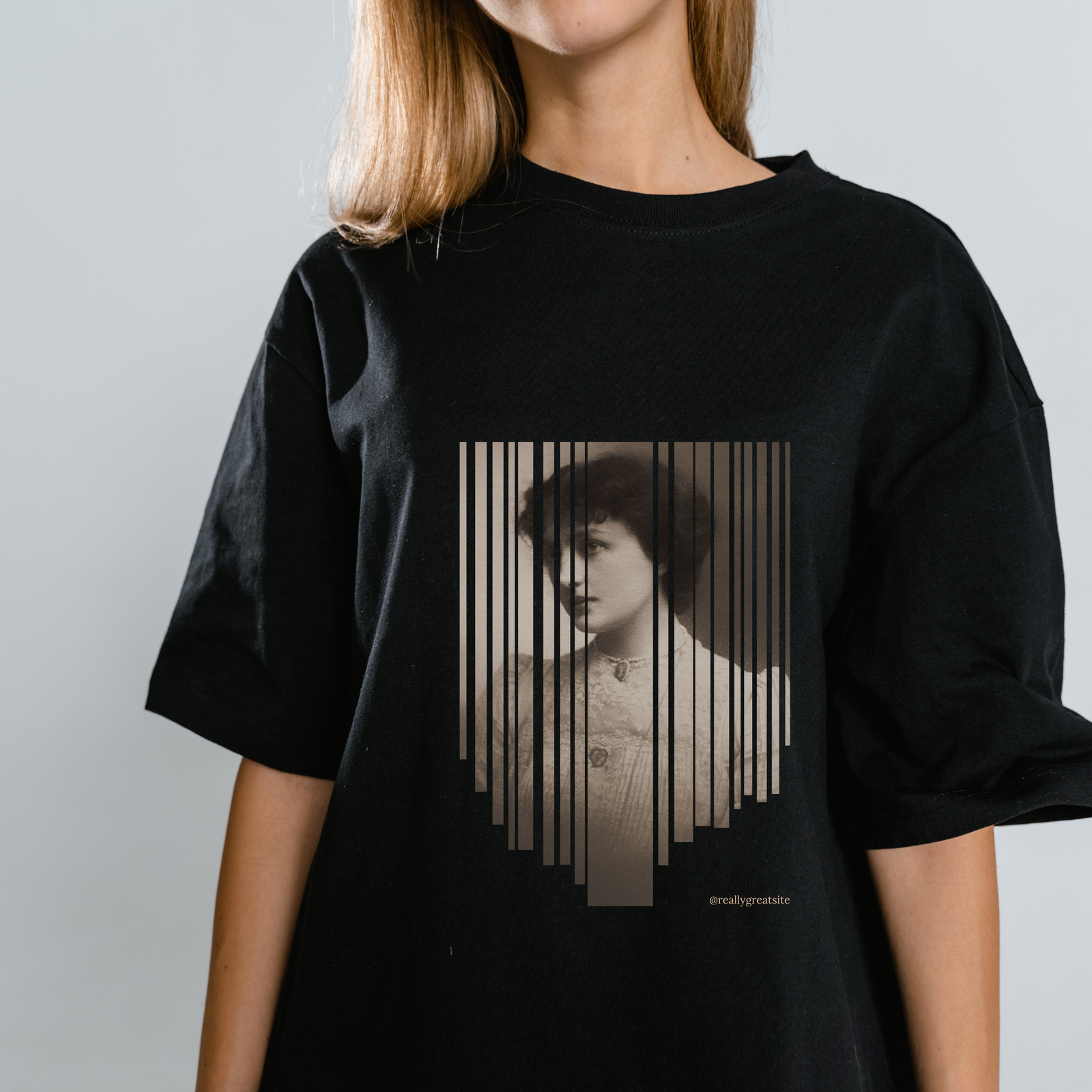 Deco Portrait Drop‑Shoulder Tee – Black (Women)